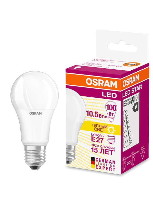 Лампа светодиодная LED Star Classic A 100 10W/827 10Вт грушевидная матовая 2700К тепл. бел. E27 1060лм 220-240В пластик. OSRAM 4052899971578